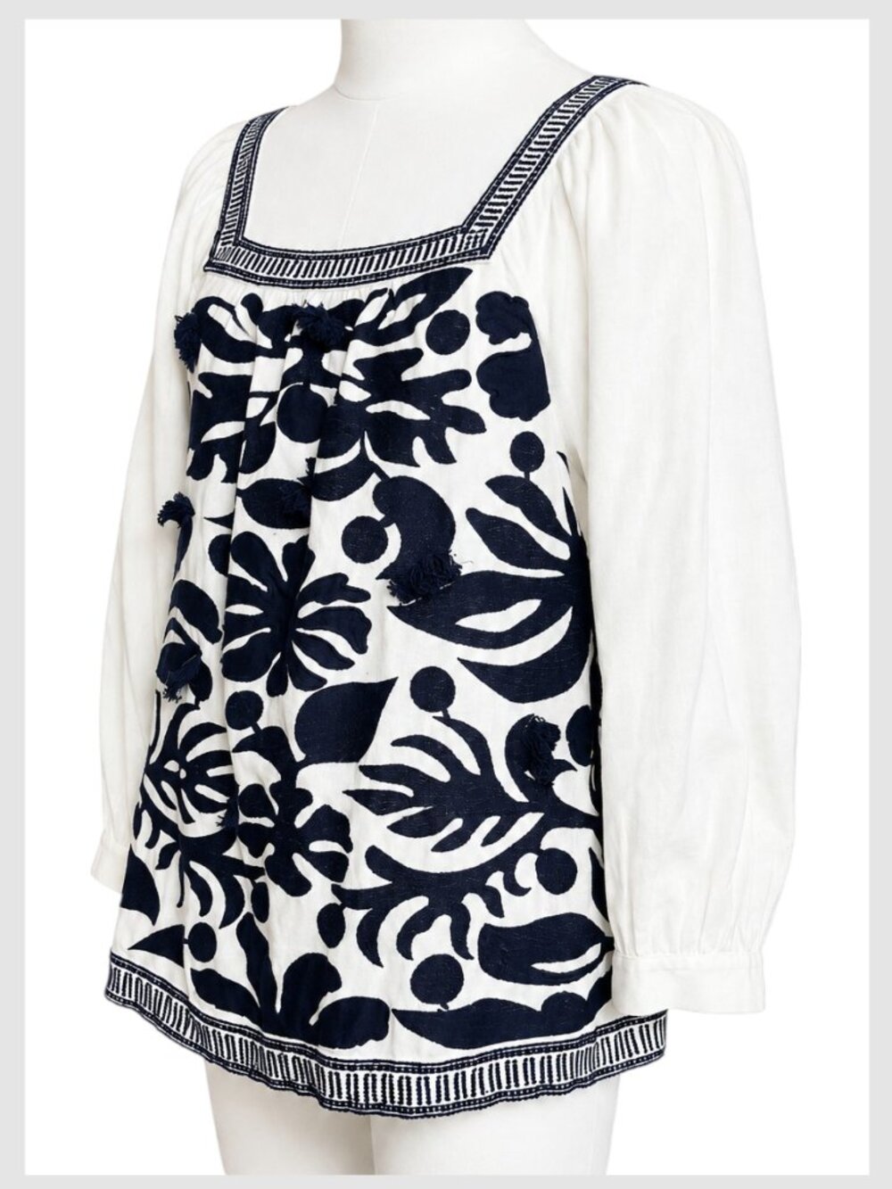 Anthropologie Maeve Liyah Blouse Navy Blue White Embroidered Square Neck S 6 - Picture 5 of 9